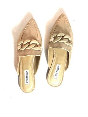 Steve Madden Tan Suede Chain Mule Loafers Slip-On Flats Chic Pointed Toe Sz.8.5